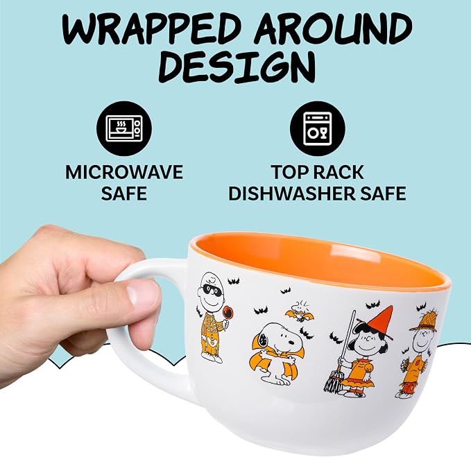 Silver Buffalo Peanuts Halloween Featuring Snoopy (Vampire), Woodstock (Vampire), Charlie Brown (Skeleton), Lucy (Witch), and Linus (Scarecrow) Ceramic Soup Mug, 24 Ounces