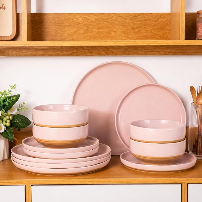 GBHOME 24-Piece Ceramic Dinnerware Set for 6, Handpainted Plates, Pasta Bowls & Bowls Set with Rustic Terracotta Underside, Scratch-Resistant, Dishwasher & Microwave Safe,Speckled Glaze Pink