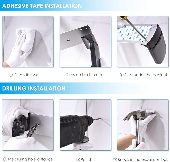 simpletome ONE Hand Tear Paper Towel Holder Under Cabinet Adhesive or Drilling Installation Aluminum Alloy + ABS (Black)