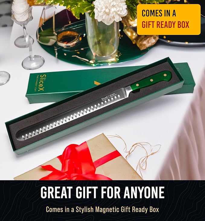 Bright Hobby Classic Brisket Slicing Carving Knife – Gift for Dad From Wife, Son, Daughter - 12” Full Tang Meat Cutting and BBQ Knife – Razor Sharp German Steel with Ergonomic Handle - Green