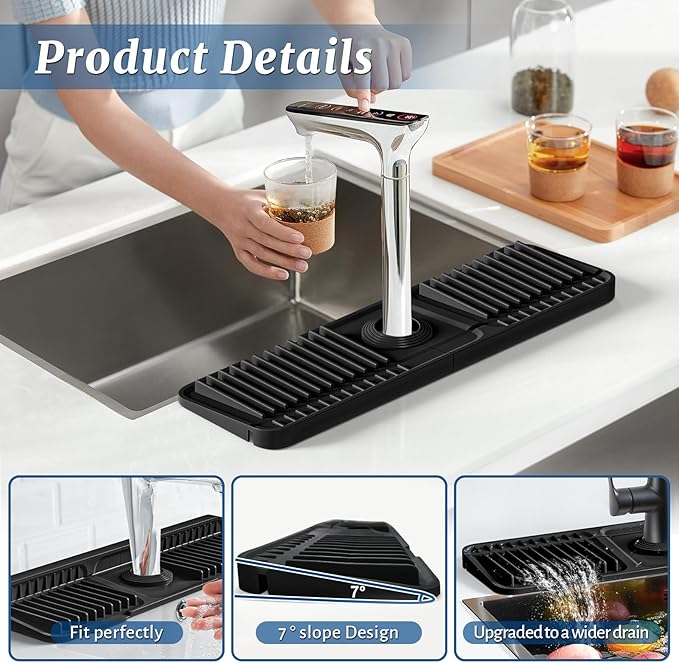 PoYang 17.7 inch Faucet Mat for Kitchen Sink Splash Guard, 7° Slope Silicone Sink Water Splash Guard for Kitchen Sink Area with Snap Button, Long Sink Protectors for kitchen Sink Sponge Holder, Black