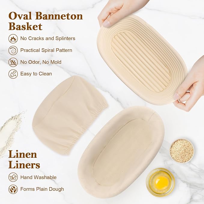 4 Pack 10 Inch Oval Banneton Bread Proofing Basket, Rattan Sourdough Bread Baskets with Liners for Home Baking