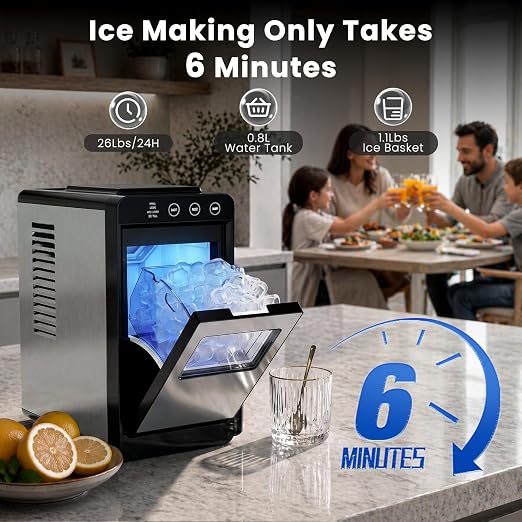 Electactic Countertop Ice Maker, 26Lbs Daily Ice Production, 0.8L Water Tank, Self-Cleaning, Adjustable Ice Size, One-Touch Operation, Interior Light, Portable Ice Maker for Home, Office & Party