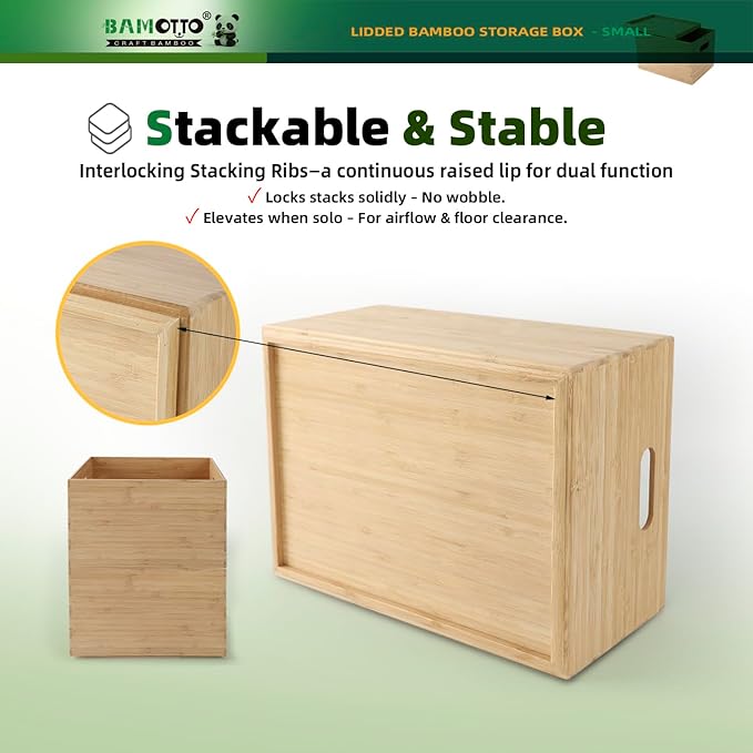BAMOTTO CRAFTBAMBOO 10.2”x7.3”x6.5” Lidded Storage Bins - Stackable Bamboo Box/Cube/Basket with Handles for Home Kitchen Office, Organize Tableware Clothing Toys Books