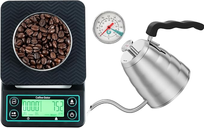 Coffee Gator Gooseneck Kettle 40oz Stainless Steel for Pour Over and Coffee Scale 0.1 Precision with Timer