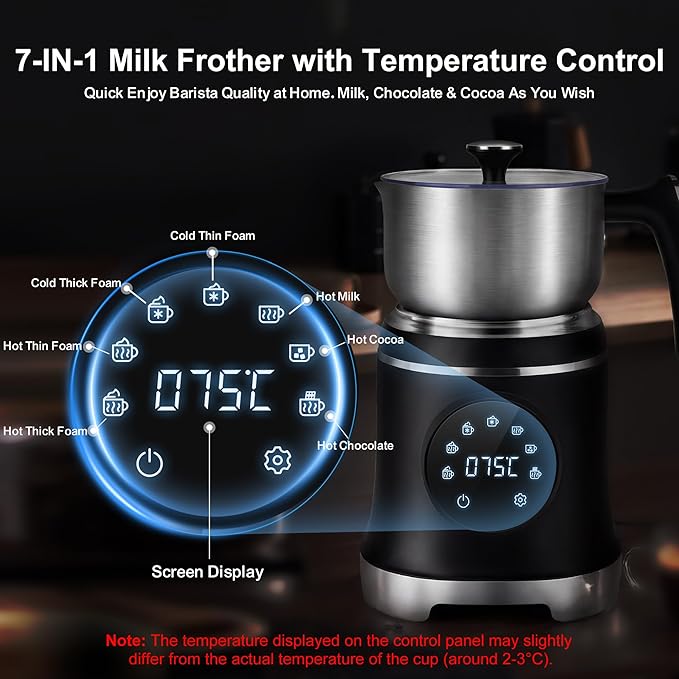 7-IN-1 Milk Frother, 20.3 OZ Milk Frother and Steamer with Temperature Control Stainless Steel Electric Milk Frother Dishwasher Safe Hot and Cold Foam for Latte Hot Chocolate Cocoa (Black)