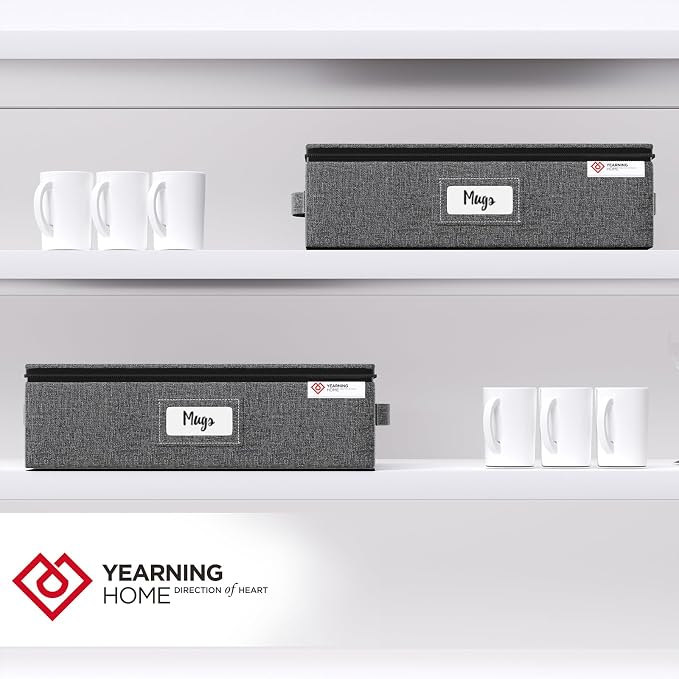 YearningHome Cup and Mug Storage Boxes with Dividers,Hard Shell Coffee Mug Organizer with Lid,Handles,Zips and Label Window for Coffee Mugs,Tea Cups,Packing and Moving,Hold 12,1 Pack, Grey