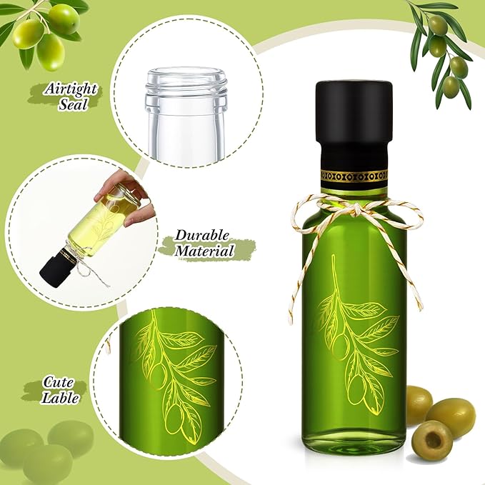 Reallnaive 20 Pcs 4 oz Mini Glass Olive Oil Bottles Empty Sauce Condiment Bottles with Dropper Inserts and Sticker Seals Caps for Gifts Kitchen (Olive Pattern,Clear)