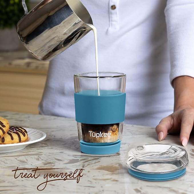Double Wall Glass Tumbler - 8-Ounce, All Glass Hand Blown Reusable Insulated Tea/Coffee Mug & Lid, Travel Mug - Niagara