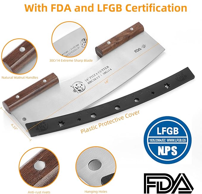 AILUROPODA Pizza Cutter Rocker with Protective Cover with Walnut Handles with LFGB Certification 14" Large Pizza Rocker Cutter Sharp Silver
