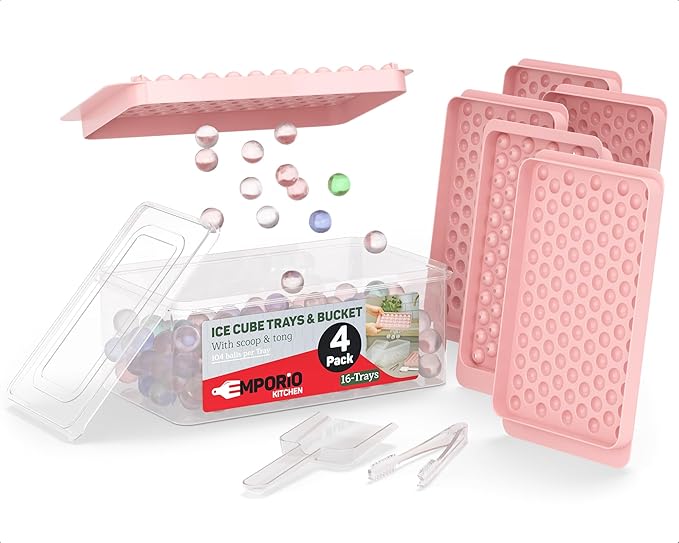Round Ice Cube Tray Set Pack of 4, BPA-Free Stackable Trays with Lid & Tongs, 104 Ice Balls Per Tray for Whiskey, Drinks, and Cocktails, Quick Release Round Ice Cube Mold, Pink