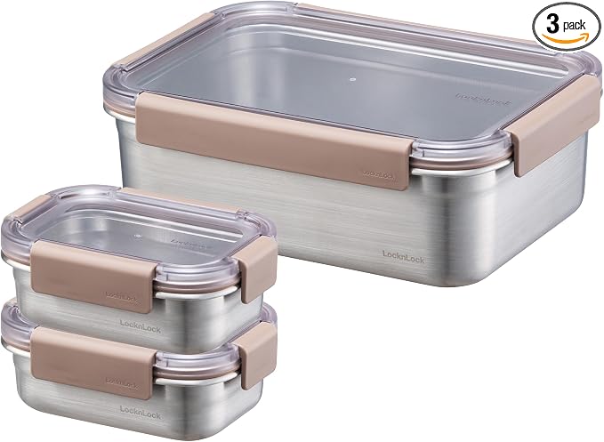 LocknLock Stainless Steel Food Storage Containers with Lids, Metal Lunch Boxes, Leak-Proof, Microwave, Freezer and Dishwasher Safe, 3-Piece Set, 2 x 310ml and 1 x 2000ml