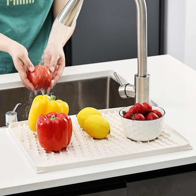 Silicone Dish Drying Mat for Kitchen Counter, Heat-resistant Dish Dryer Mat with Built-in Drain Lip ,Drain Pad Protects Surfaces Prevents Water Build UP (23.6" x 15.7", Ivory-1pcs)