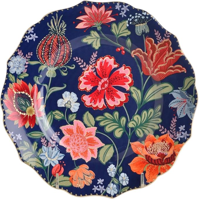 222 Fifth 12-Piece Porcelain Dinnerware Set for 4, White & Parisian Blue Plates and Bowls Set with Gold Rim, Glossy Ceramic Dish Set with Detailed Floral Design, Microwave & Dishwasher Safe, Chintz