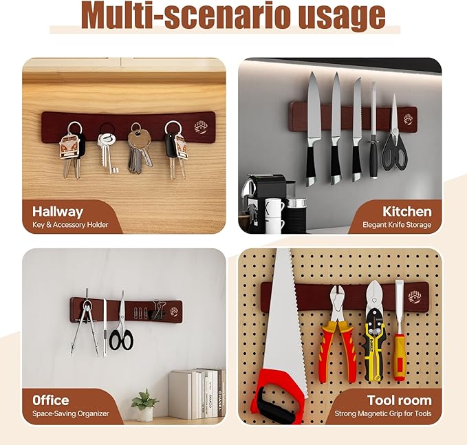 Magnetic Knife Strip, Magnetic Knife Holder for Wall 16 Inch, Solid Oak Wood Knife Magnetic Strip with N52 Super Strong Magnets, Wooden Knife Bar, Knife Holder Organizer for Kitchen Knives, Tools