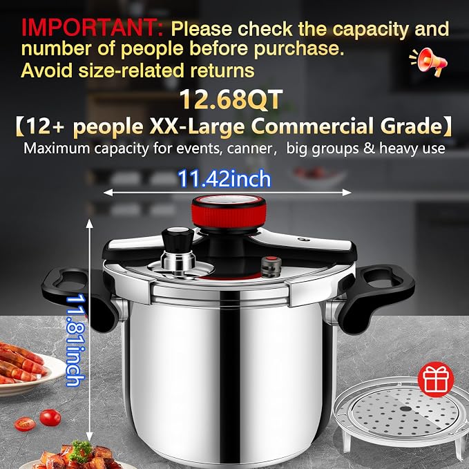 Stainless Steel Pressure Cooker 12 quart Commercial Stove Top Pressure Cooker for canning, Compatible with Gas & Induction, Fast Cooking for large 12+ quart, stainless steel