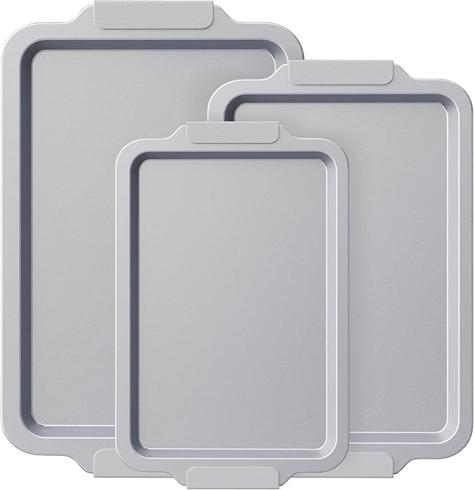 BRONYPRO Non Stick Ceramic Baking Sheet Pan Set of 3, Non Toxic Cookie Sheets (PFOA/PTFE Free), Aluminized Steel Oven Trays with Silicone Handles, Rust-Resistant, Warp-Resistant to 500°F, Light Gray