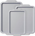 BRONYPRO Non Stick Ceramic Baking Sheet Pan Set of 3, Non Toxic Cookie Sheets (PFOA/PTFE Free), Aluminized Steel Oven Trays with Silicone Handles, Rust-Resistant, Warp-Resistant to 500°F, Light Gray