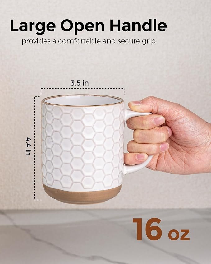 GBhome Large Coffee Mugs Set of 4, 16oz Handmade Stoneware Coffee Mugs Set with Large Handle for Cappuccino/Latte/Tea/Hot Cocoa, Dishwasher & Microwave Safe, Off White