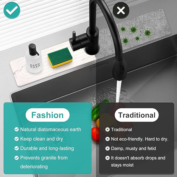 Small White Marble Stone Faucet Mat for Kitchen Sink Water Absorbing Durable Protector for Bathroom Counter Diatomite Quick Drying Stone Tray Sink Splash Guard Kitchen Faucet Mat