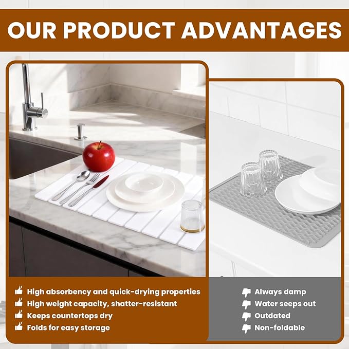 2 Pack Stone Drying Mat for Kitchen Counter, Large Diatomaceous Earth Dish Drying Pads 24"x16", Ultra Absorbent Quick Dry Foldable Mats for Dishes Cups, Matches Any Countertop