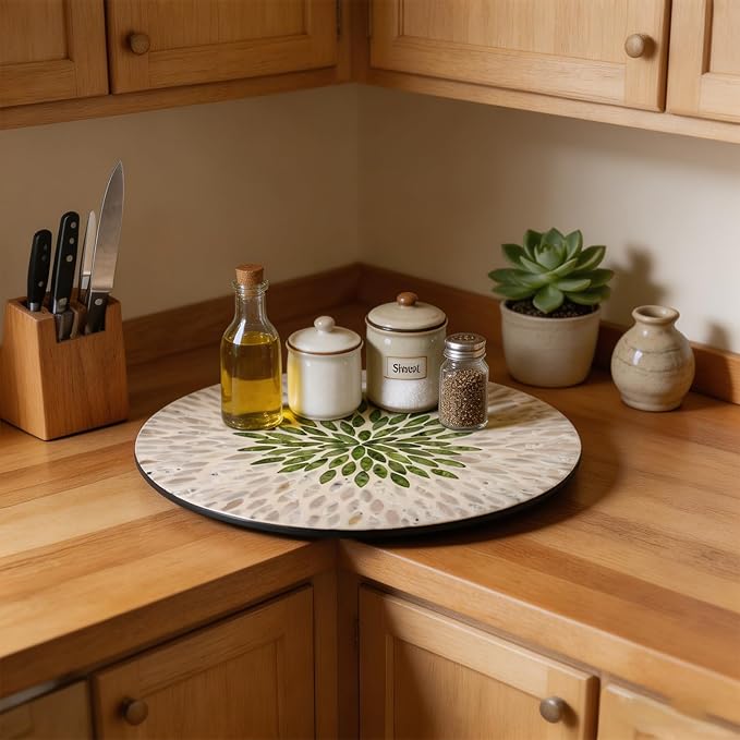 13.4" Mother of Pearl Lazy Susan, Table Centerpiece Round Shell Decorative Lazy Susan Turntable Rotating Tray Organizer for Cabinet Counter Gift Kitchen Office Cafe Home Decor (White Green)