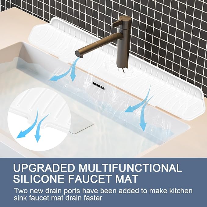 Faucet Guard - 90 Foldable Draining Mat for Kitchen Sink with 2 Drain Ports, White, 24"*5.66"