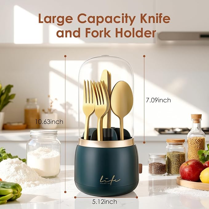 EXIN DECHEN 360 Rotation Silverware Organizer for Kitchen Counter, Utensil Holder Caddy with Cover, Spoon and Fork Organizer, 7 Slots and Intermediate Drainage Device
