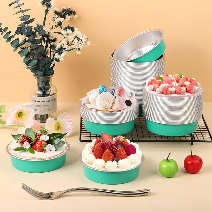 Beasea Disposable Baking Cups, 200 Pack 7.3oz 215ml Aluminum Ramekins Foil Baking Cups 4" Ramekin Cup Cupcake Aluminum Mini Baking Cups No Lids for Party - Elegant Blue