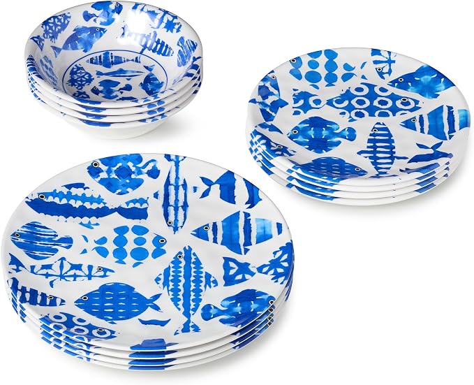 Fish Tale 12 Pc. MELAMINE DINNERWARE SET, SERVICE for 4 – Cobalt Blue Fish School, Outdoor Plates Bowls, Shatterproof Coastal Dining, Poolside Patio Entertaining, Mediterranean Dreams for Every Meal