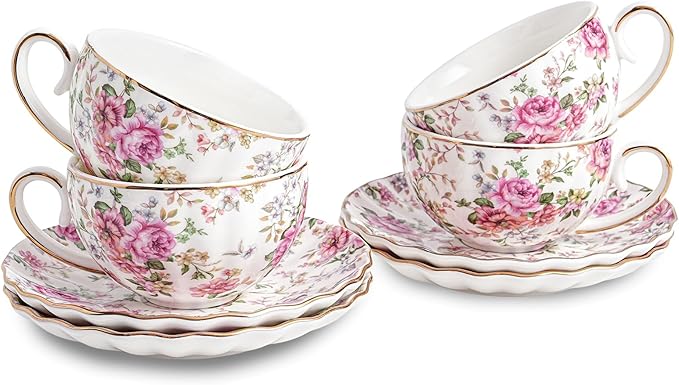 Agyiuns Tea Cup and Saucers, 6.4oz Floral Tea Cups with Gold Trim, Porcelain Teacup, Coffee Cappuccino Espresso Latte Mugs for Party Birthday,Party Cafe Home, Christmas Gift (White)