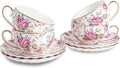 Agyiuns Tea Cup and Saucers, 6.4oz Floral Tea Cups with Gold Trim, Porcelain Teacup, Coffee Cappuccino Espresso Latte Mugs for Party Birthday,Party Cafe Home, Christmas Gift (White)