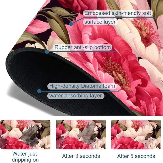 Garden Flowers Sink Splash Guard Faucet Mat Watercolor Peonies Super Absorbent Fast Drying Mat Sink Gadgets-Splash Guard Behind Faucet Drip Catcher for Kitchen Bathroom, 15.5"x5.5"