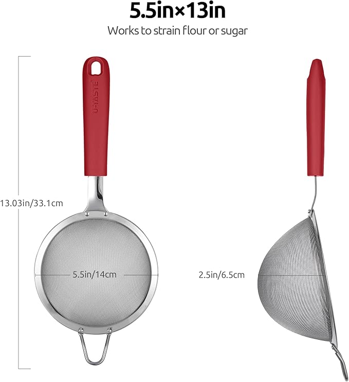 U-Taste 10 Piece Measuring Cups and Spoons Set in 18/8 Stainless Steel, and 18/8 Stainless Steel 5.5 inch 30 Mesh Strainer (Red)