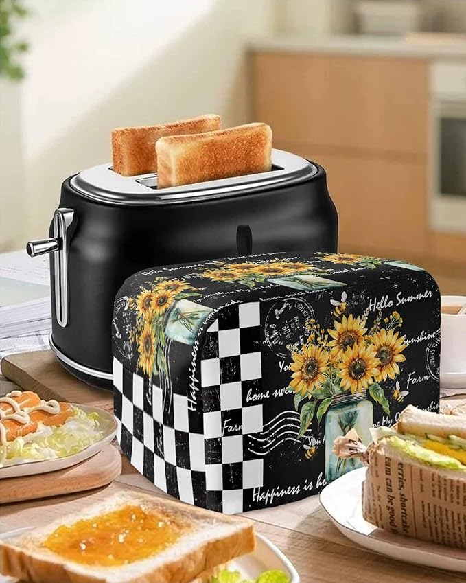Sunflower Vintage Toaster Cover 2 Slice, Farmhouse Floral Dustproof Bakeware Oven Protector with Top Hook, Black Checkered Waterproof Small Kitchen Appliance Toasters Dust Cover, 11"x6"x8"