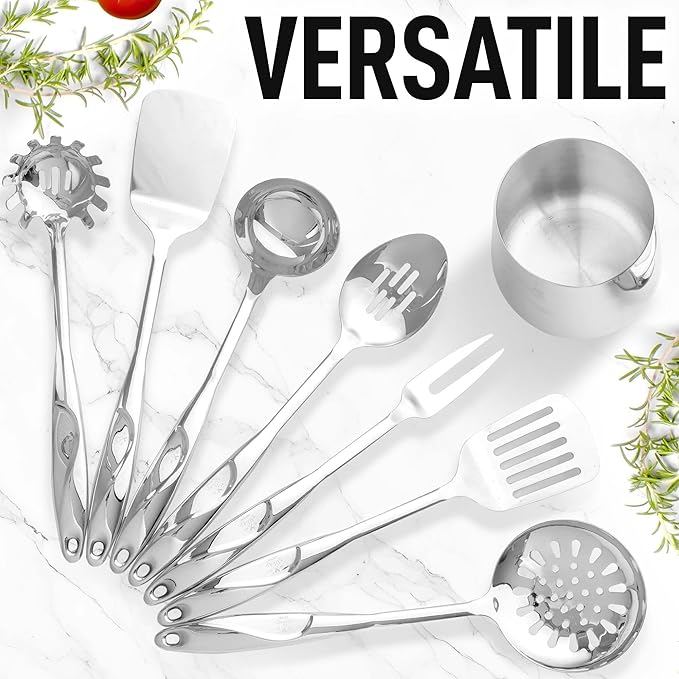 Zulay Kitchen Stainless Steel Cooking Utensil - Stainless Steel Kitchen Utensil - Durable Kitchen Gadgets - Metal Kitchen Accessories - Easy to Clean Kitchen Tools - 8 Piece Set