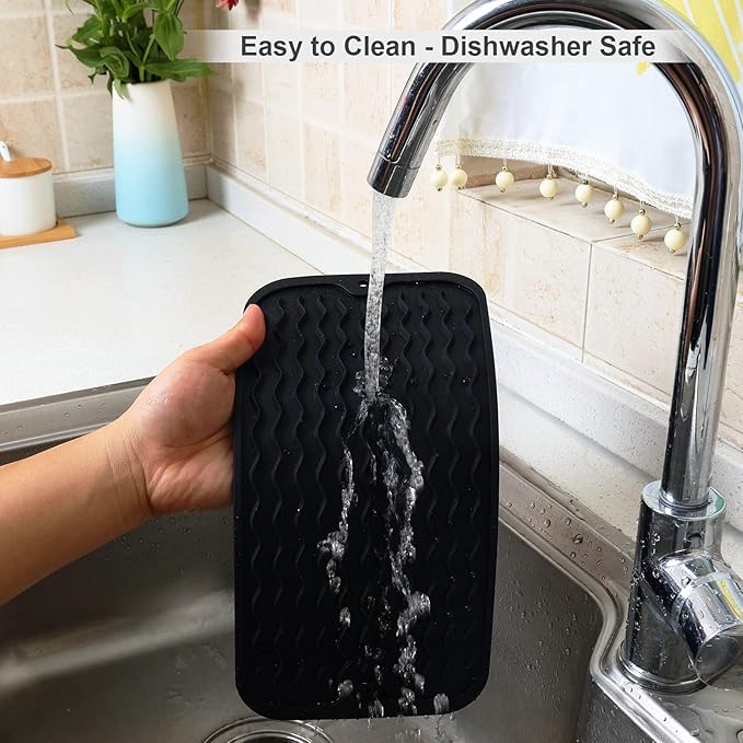 ZLR Silicone Sponge Holder & Sink Caddy Tray (6" x 12") - Narrow Dish Drying Mat for Kitchen Counter - Waterproof Soap Dispenser Organizer, Non-Slip Bathroom Vanity Tray (Black)