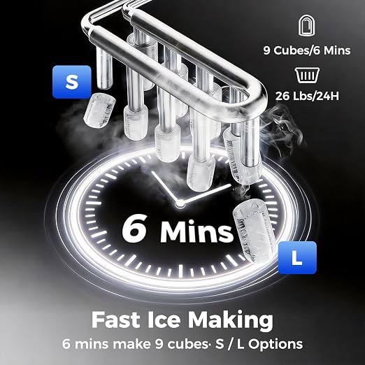 OSTBA Countertop Ice Maker Machine, Portable Ice Maker Makes 9 Bullet Ice Cubes in 6 Minutes, 26Lbs/Day Ice Makers Countertop with Self-Cleaning, Compact Mini Ice Maker for Home Kitchen RV Party