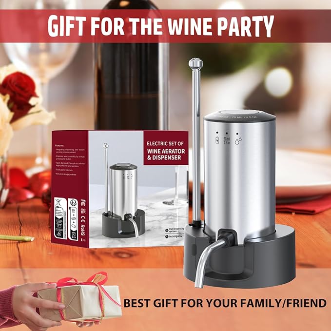 Vinflow Electric Wine Aerator decanter,Rechargeable electric wine decanter with Pourer,Measured Wine Aerator Pourer Spout with Base & Hold-to-Pour Modes for Wine Lovers