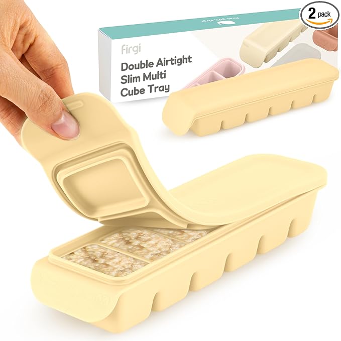 Silicone Ice Cube Freezer Tray with Lid, 100% Food-Grade Platinum Silicone,Leak Resistance & Dishwasher Safe for Baby Food Prep,Breast Milk,Purees - Korean Made (Beige 2-Pack 1 oz/6 Sections)