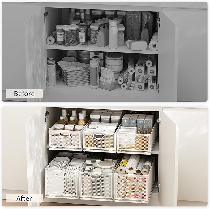 Pull Out Cabinet Organizer, No Drill Adhesive Sliding Drawers for Kitchen, Metal Mesh Wire Storage Shelf for Pantry & Under Sink, White (9.6" W x 11.8" D x 3.9" H)
