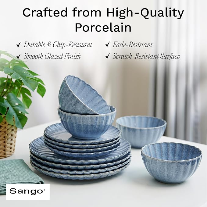 12 Pieces Stoneware Dinnerware Set, Microwave and Dishwasher Safe, for 4 | Scallop Frill Design, Chip Resistant, Ceramic, Includes Plates and Bowls