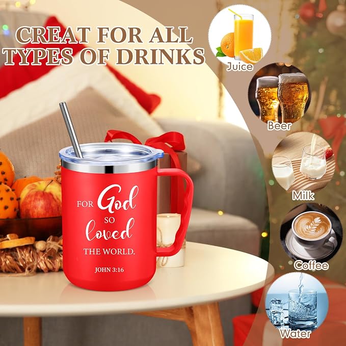 Sieral 12 Pcs Christian Gifts Coffee Mugs with Straw Lid 17 oz Religious Cups with Bible Stainless Steel Tumbler Inspirational Gifts for Women Men Pastor's Church Group(Multiple Colors,Bible Verse)
