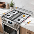 Stove Gap Covers Stainless Steel 2PC(0.08"–0.7" W,13.8"–27.5" L)+30"(2×15") Silicone Magnetic Stove Shelf+4PC Gas Burner Covers|Heat Resistant Non-Stick Range Accessories,Bonus Cleaning Brushes