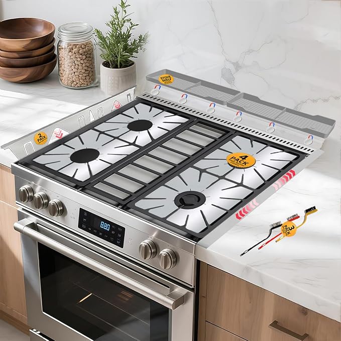 Stove Gap Covers Stainless Steel 2PC(0.08"–0.7" W,13.8"–27.5" L)+30"(2×15") Silicone Magnetic Stove Shelf+4PC Gas Burner Covers|Heat Resistant Non-Stick Range Accessories,Bonus Cleaning Brushes