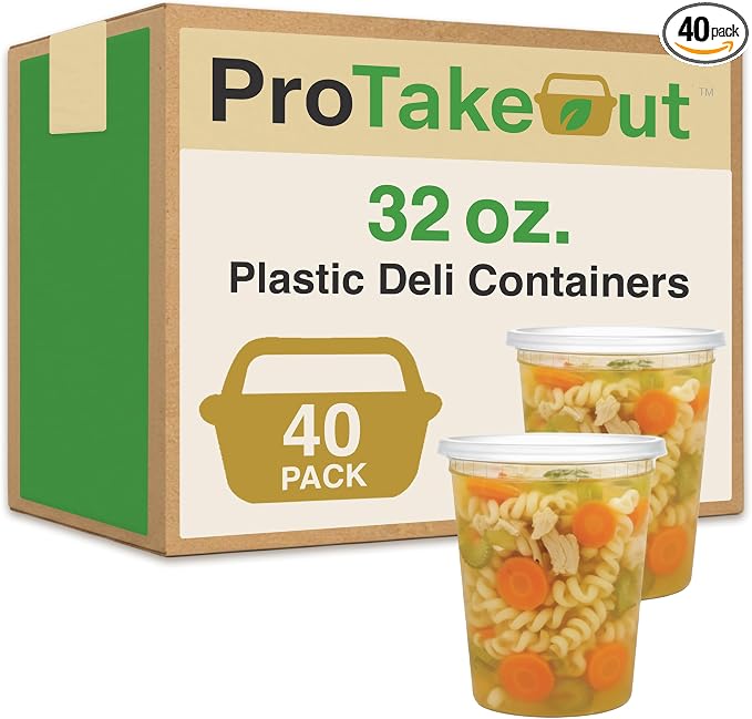 32oz [40 set] Heavy Duty Plastic Deli Container | BPA-Free Food Storage with Airtight Leak‑Proof Lids | Microwave, Freezer & Dishwasher Safe – Stackable, Bulk Reusable Soup & Meal Prep Tub