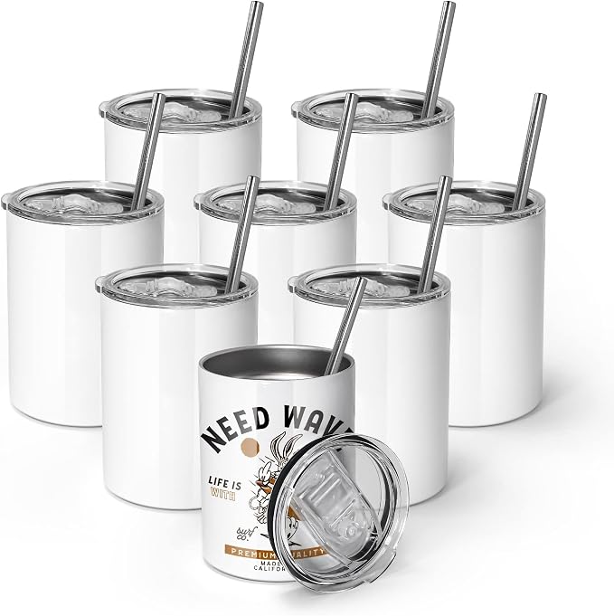 AGH 10OZ Sublimation Wine Tumblers Blanks, 8 Pack Straight Stainless Steel Tumblers with Lids and Straw, Sublimation Coffee Cups Mugs for Hot & Cold Drinks