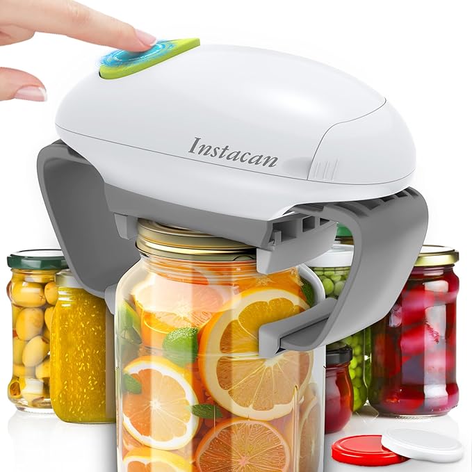 INSTACAN Higher Torque and One Touch Electric Jar Opener Easy Remove Almost Size Lid with Auto-Off, Powerful Bottle Opener for Arthritic Hands, Automatic Jar Opener for Weak Hands and Seniors (White)