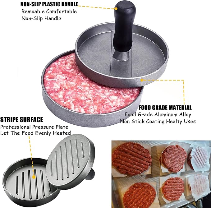 Smash Burger Kit, Heavy-Duty Round & Rectangle Cast Iron Smash Bacon Press, Spatula, Hamburger Stuffed Patty Maker & Patty Papers, Burger Tool for Blackstone Grill and Griddle Accessories Barbeque