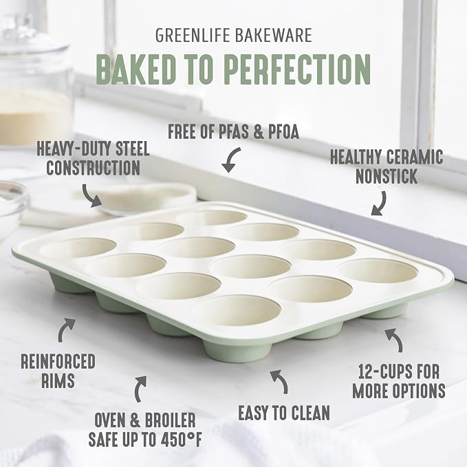 GreenLife 12-Cup Muffin Pan, PFAS-Free Healthy Nonstick Baking Tray, 11.4" x 1.9" x 15.9", Durable Ceramic Bakeware, Cupcakes, Egg Bites, Tarts, Brownies, Sage